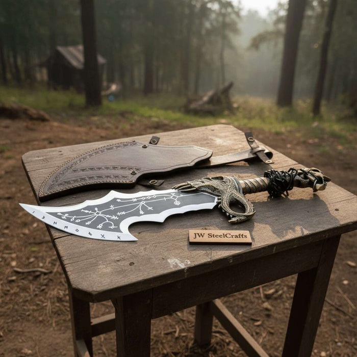 Chaos Inspired Recurve Bowie Knife with Rune Engraving and Dragon Guard