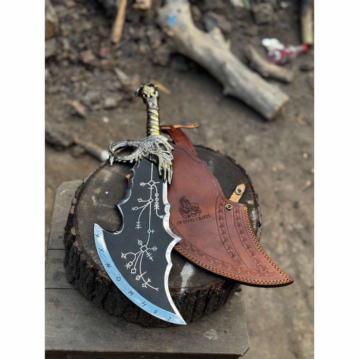 Chaos Inspired Recurve Bowie Knife with Rune Engraving and Dragon Guard