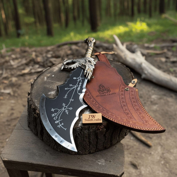 Chaos Inspired Recurve Bowie Knife with Rune Engraving and Dragon Guard