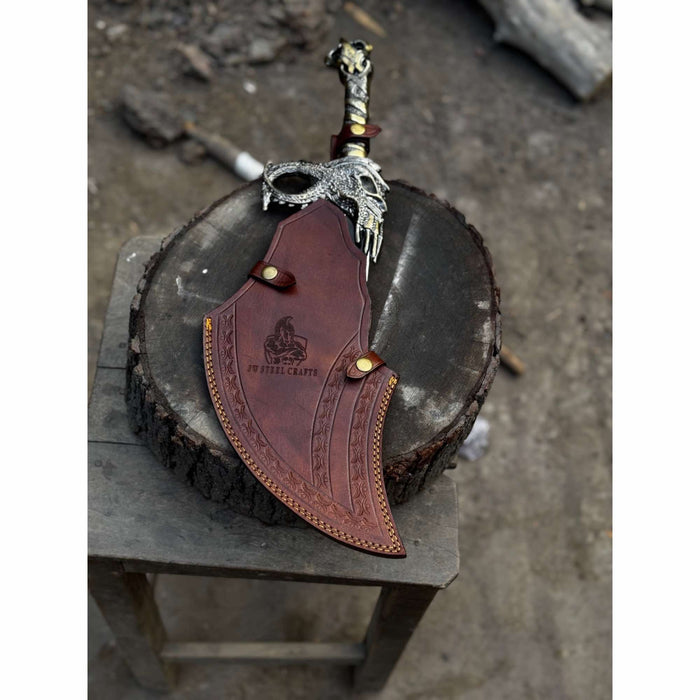 Chaos Inspired Recurve Bowie Knife with Rune Engraving and Dragon Guard