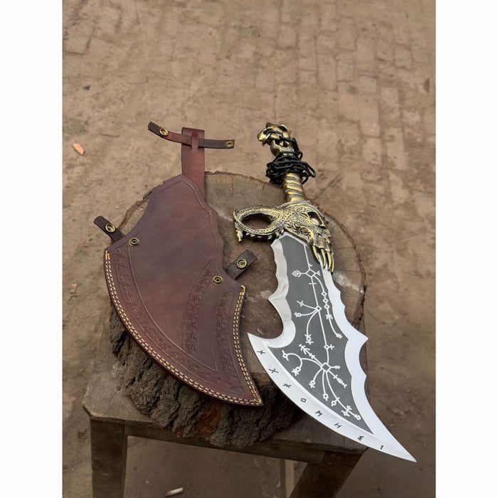 Chaos Inspired Recurve Bowie Knife with Rune Engraving and Dragon Guard