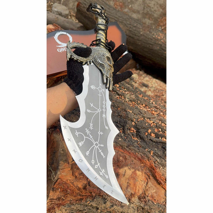 Chaos Inspired Recurve Bowie Knife with Rune Engraving and Dragon Guard