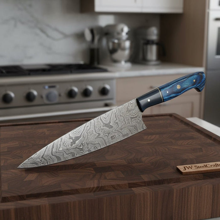 Chef Knife, Raindrop Pattern Damascus Steel Blade, Blue Resin and Black Wood Handle, Full Tang Professional Kitchen Knife, JW SteelCrafts