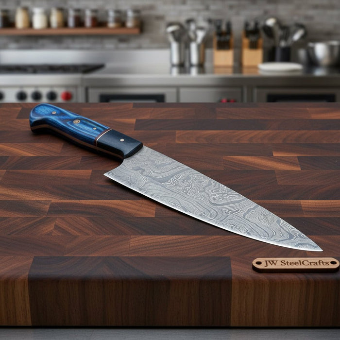 Chef Knife, Raindrop Pattern Damascus Steel Blade, Blue Resin and Black Wood Handle, Full Tang Professional Kitchen Knife, JW SteelCrafts