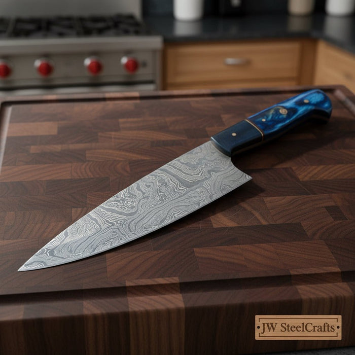 Chef Knife, Raindrop Pattern Damascus Steel Blade, Blue Resin and Black Wood Handle, Full Tang Professional Kitchen Knife, JW SteelCrafts