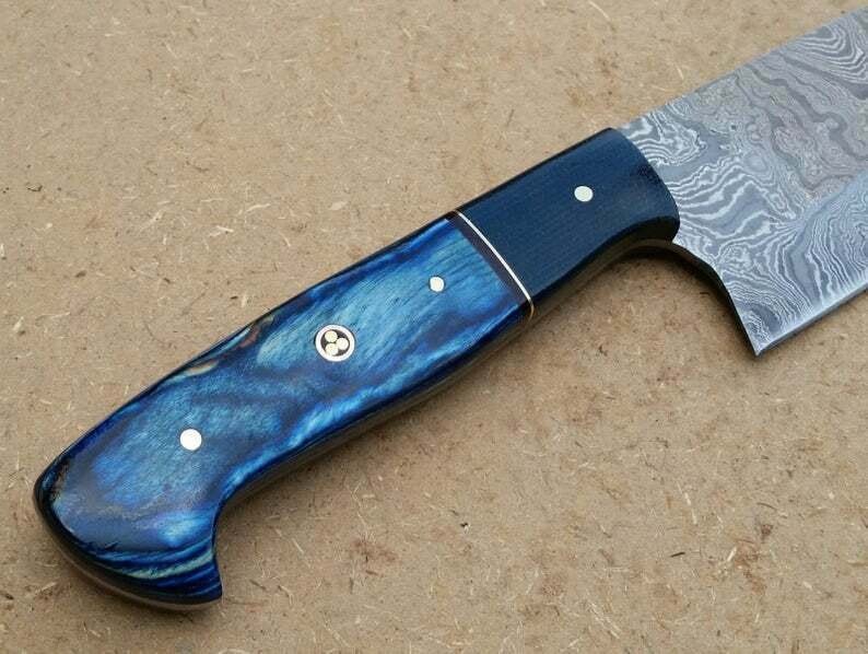 Chef Knife, Raindrop Pattern Damascus Steel Blade, Blue Resin and Black Wood Handle, Full Tang Professional Kitchen Knife, JW SteelCrafts