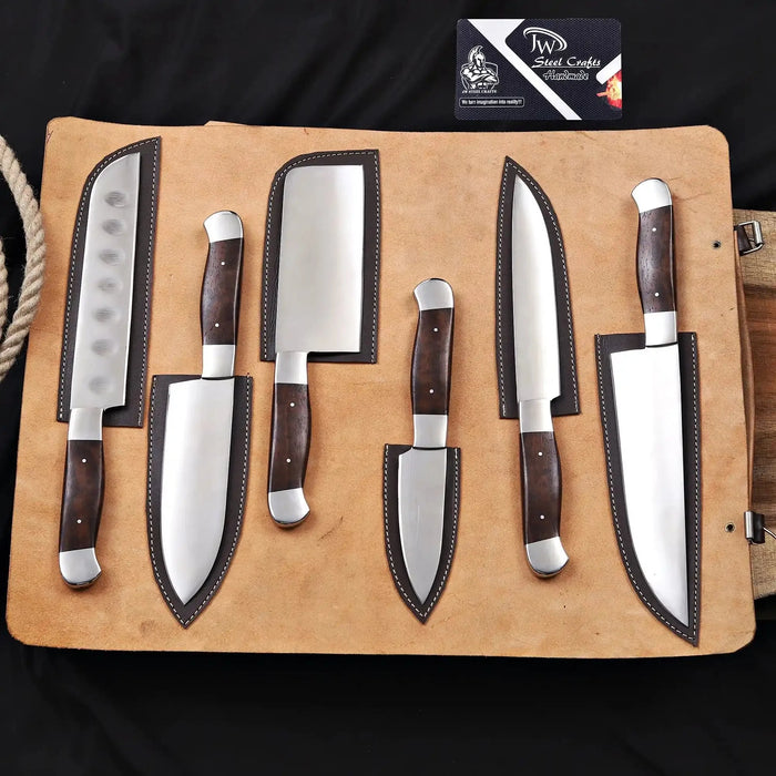 Handmade 6 Piece Chef Knife Set with Leather Roll – Full Tang Kitchen Knives Set with Cleaver, Chef, Santoku, Utility & Paring