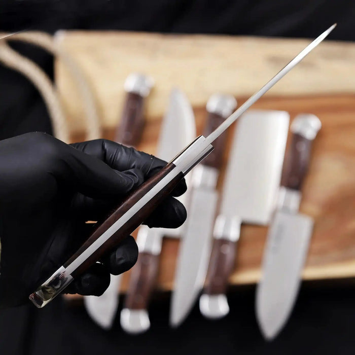 Handmade 6 Piece Chef Knife Set with Leather Roll – Full Tang Kitchen Knives Set with Cleaver, Chef, Santoku, Utility & Paring