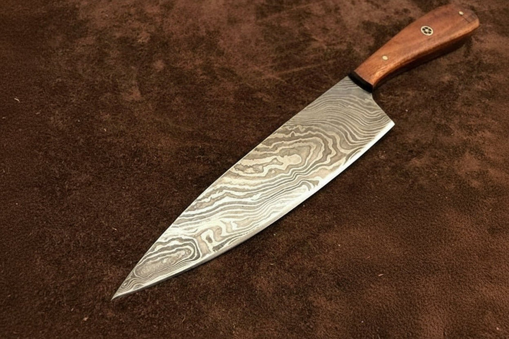 Chef Knife, Twist Pattern Damascus Steel Blade, Walnut Wood Handle with Mosaic Pin, Full Tang Professional Kitchen Knife, JW SteelCrafts