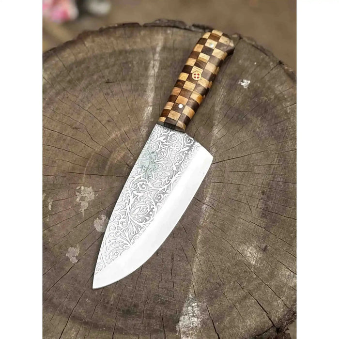 Acid-Etched Chef Knife with Red Pakka Wood & Checker Brown Wood Handle