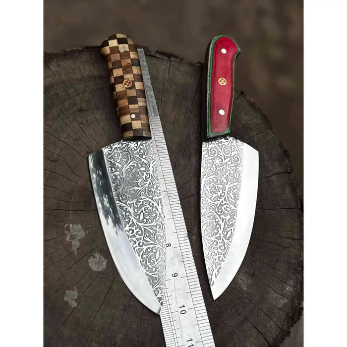 Acid-Etched Chef Knife with Red Pakka Wood & Checker Brown Wood Handle