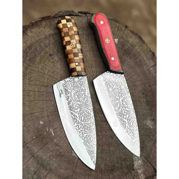Acid-Etched Chef Knife with Red Pakka Wood & Checker Brown Wood Handle