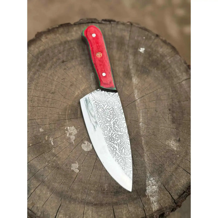 Acid-Etched Chef Knife with Red Pakka Wood & Checker Brown Wood Handle