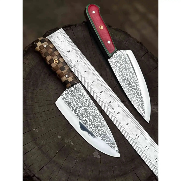 Acid-Etched Chef Knife with Red Pakka Wood & Checker Brown Wood Handle