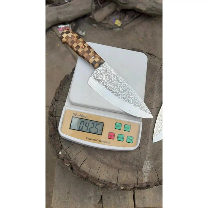 Acid-Etched Chef Knife with Red Pakka Wood & Checker Brown Wood Handle
