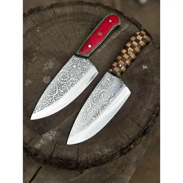 Acid-Etched Chef Knife with Red Pakka Wood & Checker Brown Wood Handle
