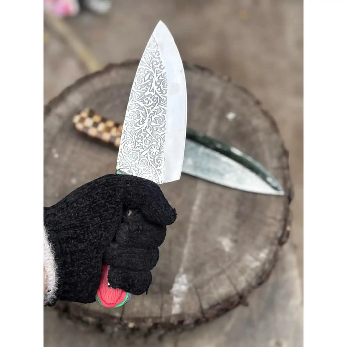 Acid-Etched Chef Knife with Red Pakka Wood & Checker Brown Wood Handle
