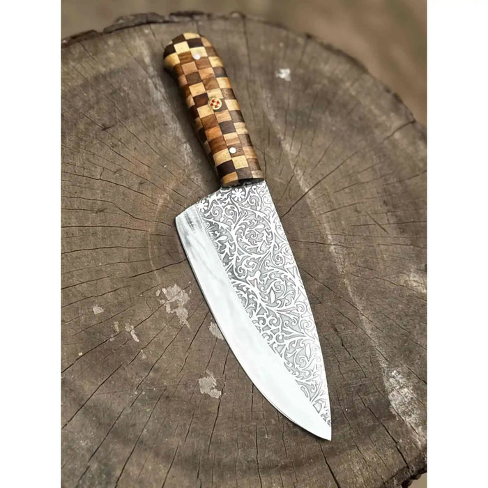 Acid-Etched Chef Knife with Red Pakka Wood & Checker Brown Wood Handle