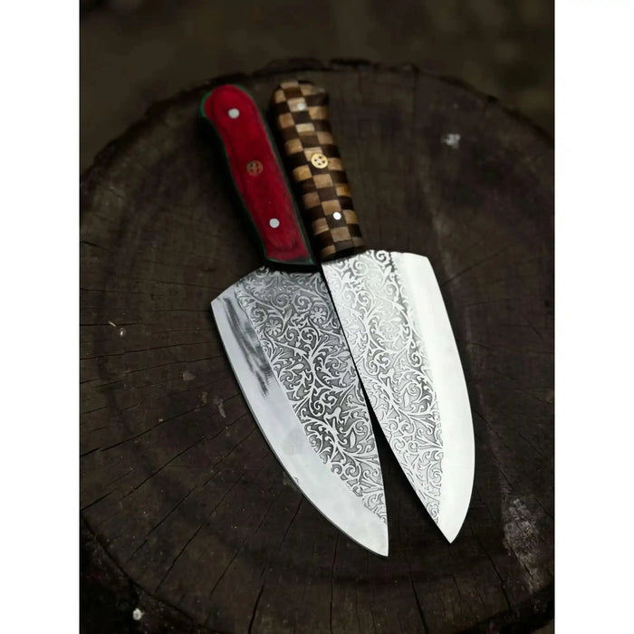 Acid-Etched Chef Knife with Red Pakka Wood & Checker Brown Wood Handle