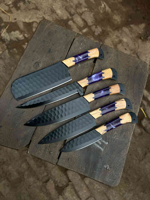 5-Piece Hand-Forged Chef Knives Set – Black Blades, Purple Resin & Olive Wood Handles