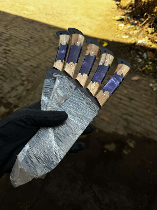 5-Piece Hand-Forged Chef Knives Set – Black Blades, Purple Resin & Olive Wood Handles