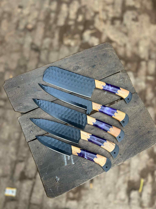 5-Piece Hand-Forged Chef Knives Set – Black Blades, Purple Resin & Olive Wood Handles