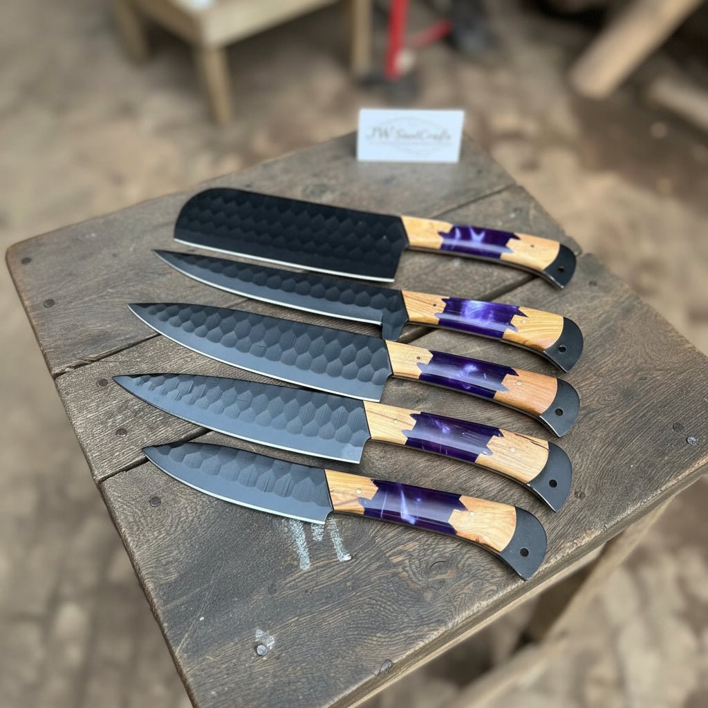 5-Piece Hand-Forged Chef Knives Set – Black Blades, Purple Resin & Oli ...