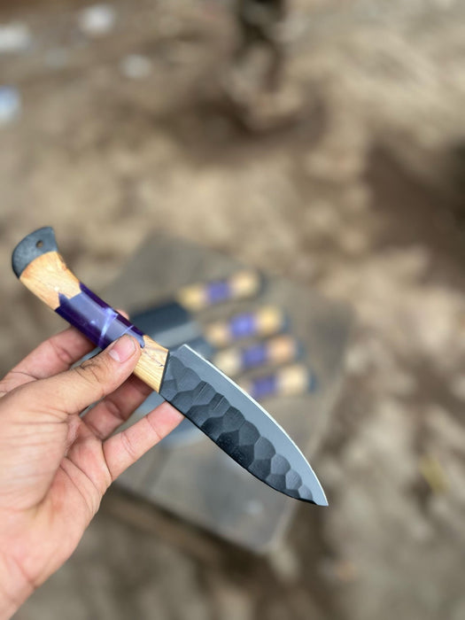 5-Piece Hand-Forged Chef Knives Set – Black Blades, Purple Resin & Olive Wood Handles