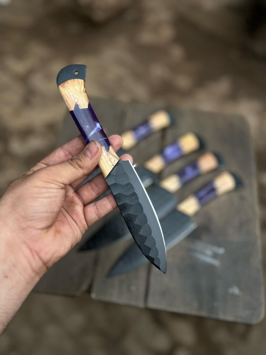 5-Piece Hand-Forged Chef Knives Set – Black Blades, Purple Resin & Olive Wood Handles