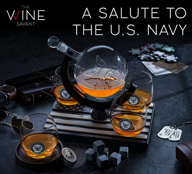U.S. Navy Globe Whiskey Decanter Set with 4 Liquor Glasses - Navy Veteran Gift Set with Wood Base and 9 Whiskey Stones - Navy Gifts for Men, U.S.A Flag - Bourbon and Scotch Military Gifts for Dad