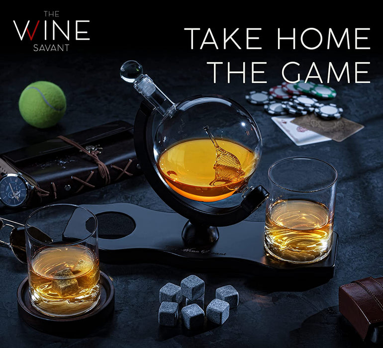Globe Whiskey Decanter Set with 2 Liquor Glasses - Tennis Whisky Decanter & Glass Set with Elegant Mahogany Wood Base - Tennis Gifts for Dad, Men - Bourbon & Scotch Decanter - Tennis Lovers Gifts