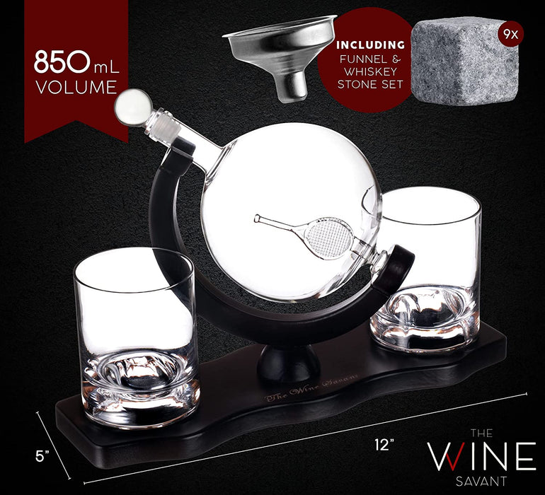 Globe Whiskey Decanter Set with 2 Liquor Glasses - Tennis Whisky Decanter & Glass Set with Elegant Mahogany Wood Base - Tennis Gifts for Dad, Men - Bourbon & Scotch Decanter - Tennis Lovers Gifts