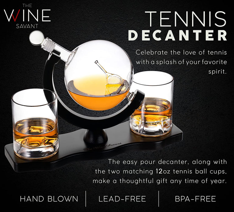 Globe Whiskey Decanter Set with 2 Liquor Glasses - Tennis Whisky Decanter & Glass Set with Elegant Mahogany Wood Base - Tennis Gifts for Dad, Men - Bourbon & Scotch Decanter - Tennis Lovers Gifts