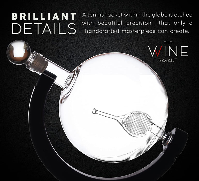 Globe Whiskey Decanter Set with 2 Liquor Glasses - Tennis Whisky Decanter & Glass Set with Elegant Mahogany Wood Base - Tennis Gifts for Dad, Men - Bourbon & Scotch Decanter - Tennis Lovers Gifts