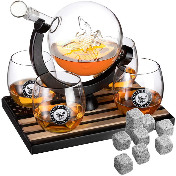 U.S. Navy Globe Whiskey Decanter Set with 4 Liquor Glasses - Navy Veteran Gift Set with Wood Base and 9 Whiskey Stones - Navy Gifts for Men, U.S.A Flag - Bourbon and Scotch Military Gifts for Dad