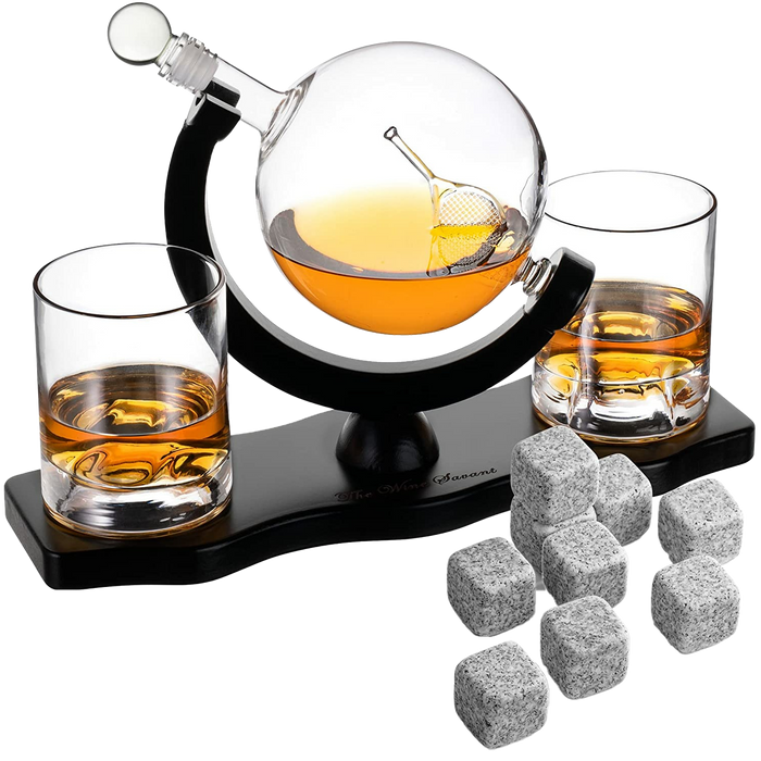 Globe Whiskey Decanter Set with 2 Liquor Glasses - Tennis Whisky Decanter & Glass Set with Elegant Mahogany Wood Base - Tennis Gifts for Dad, Men - Bourbon & Scotch Decanter - Tennis Lovers Gifts