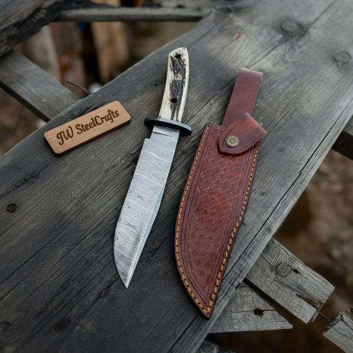 Handmade Damascus Hunting Knife with Stag Antler Bowie Blade