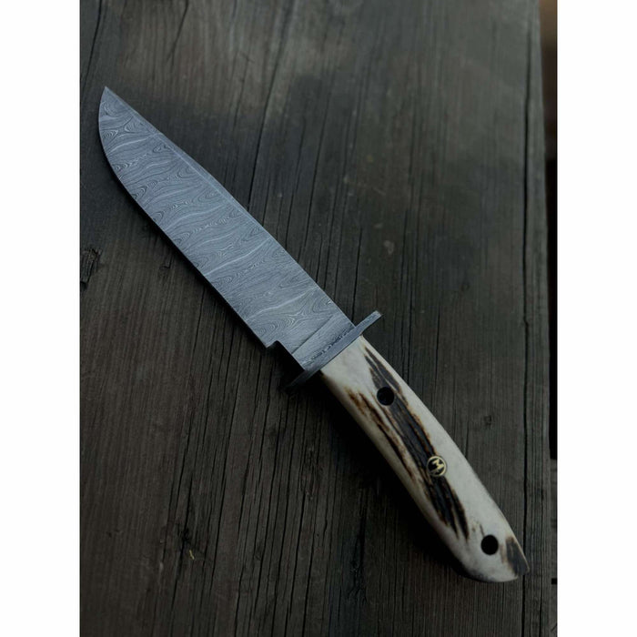 Handmade Damascus Hunting Knife with Stag Antler Bowie Blade