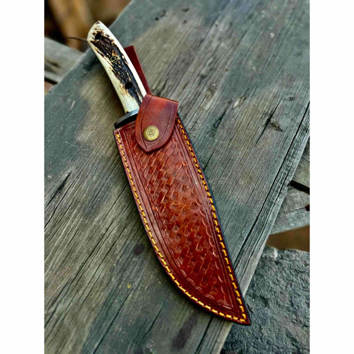 Handmade Damascus Hunting Knife with Stag Antler Bowie Blade