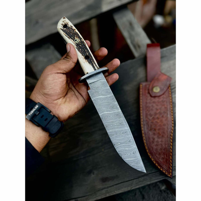 Handmade Damascus Hunting Knife with Stag Antler Bowie Blade