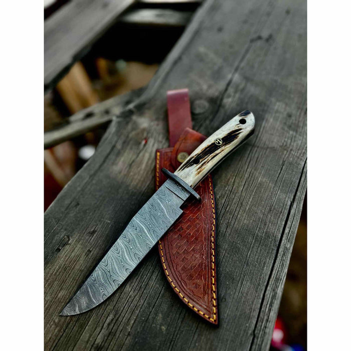Handmade Damascus Hunting Knife with Stag Antler Bowie Blade