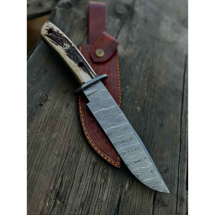 Handmade Damascus Hunting Knife with Stag Antler Bowie Blade