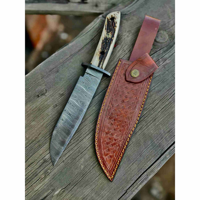 Handmade Damascus Hunting Knife with Stag Antler Bowie Blade