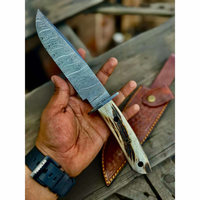 Handmade Damascus Hunting Knife with Stag Antler Bowie Blade