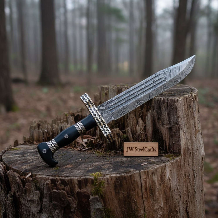 Coffin Handle Bowie Knife, Clip Point Damascus Blade, Hand Engraved Western Frontier Bowie, Custom Handmade Knife JW SteelCrafts