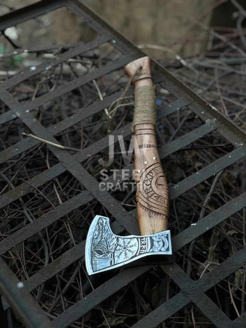 Norse Viking Axe Set with Engraved Steel Heads and Carved Hardwood Handles