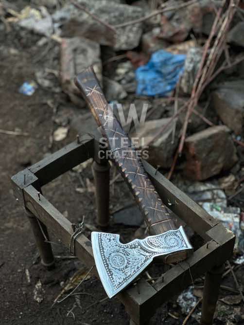 Norse Viking Axe Set with Engraved Steel Heads and Carved Hardwood Handles