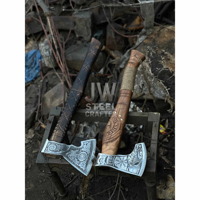 Norse Viking Axe Set with Engraved Steel Heads and Carved Hardwood Handles
