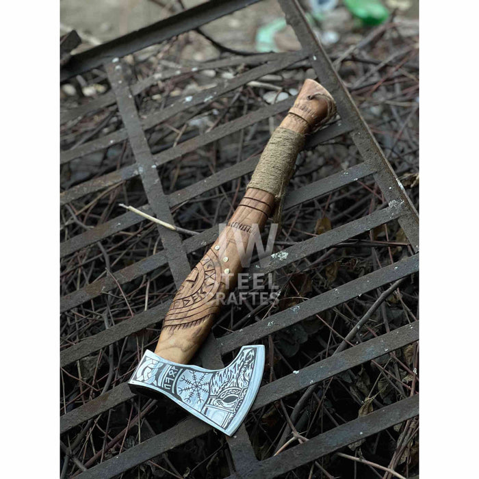 Norse Viking Axe Set with Engraved Steel Heads and Carved Hardwood Handles
