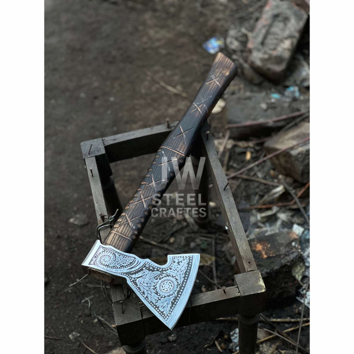 Norse Viking Axe Set with Engraved Steel Heads and Carved Hardwood Handles